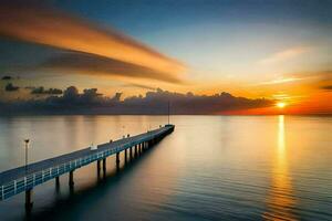 a pier with a long bridge over the ocean. AI-Generated photo