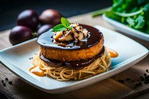 a plate with a cake and spaghetti on it. AI-Generated photo
