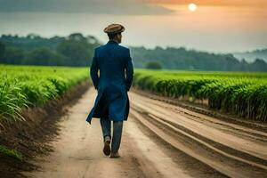 a man in a blue suit walks down a dirt road. AI-Generated photo