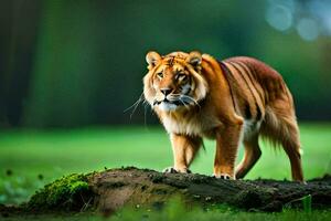 un Tigre caminando a través de un verde campo. generado por ai foto