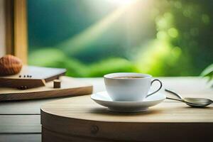 a cup of coffee on a wooden table. AI-Generated photo