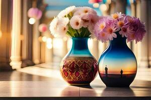 two vases with flowers sitting on a table. AI-Generated photo