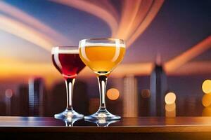 two glasses of wine on a table in front of a city skyline. AI-Generated photo