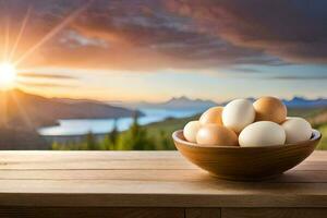 eggs in a bowl on a table with a view of the mountains. AI-Generated photo