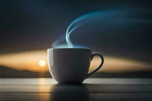 a cup of coffee on a table with the sun setting behind it. AI-Generated photo