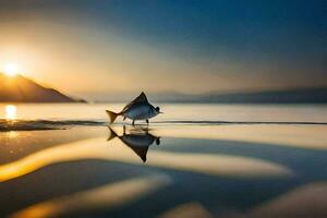 un pescado es en pie en el playa a puesta de sol. generado por ai foto