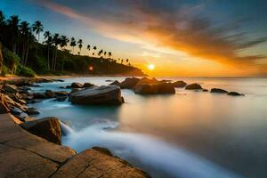 the sun sets over the ocean and rocks. AI-Generated photo