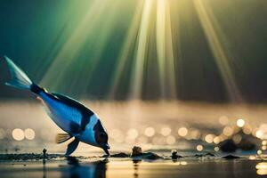 un pescado es en pie en el playa con luz de sol brillante en él. generado por ai foto