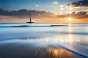 a lighthouse in the distance at sunset. AI-Generated photo