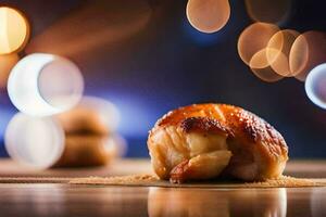 a piece of food sitting on a table with lights in the background. AI-Generated photo