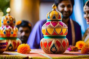 a couple is sitting in front of colorful vases. AI-Generated photo