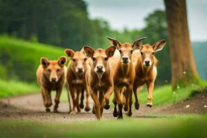 a group of deer running down a dirt road. AI-Generated photo