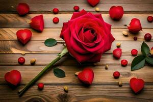 red rose on a wooden background. AI-Generated photo