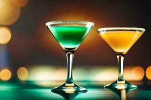 two colorful cocktails on a table with bokeh. AI-Generated photo