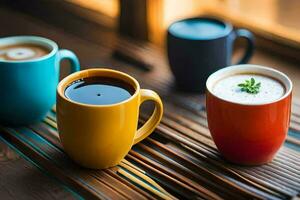 three colorful coffee cups sit on a wooden table. AI-Generated photo