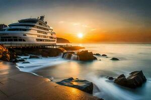 a cruise ship docked at the beach during sunset. AI-Generated photo