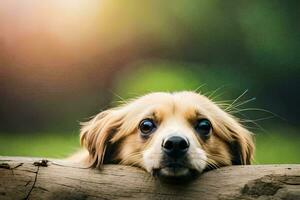 un perro es mirando terminado un registro. generado por ai foto