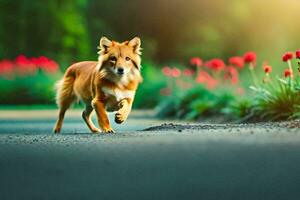 a dog running on the road in front of flowers. AI-Generated photo
