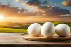 three eggs on a plate in front of a sunset. AI-Generated photo