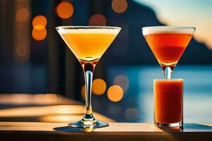 two cocktails sit on a table with a view of the ocean. AI-Generated photo