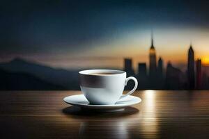 a cup of coffee on a table in front of a cityscape. AI-Generated photo