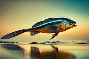 un pescado es volador terminado el agua a puesta de sol. generado por ai foto