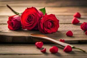 red roses on a wooden table with a spoon. AI-Generated photo