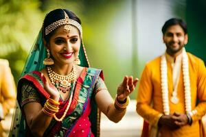 un novia en tradicional indio atuendo es sonriente. generado por ai foto