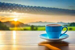 coffee cup on the table with the sun in the background. AI-Generated photo