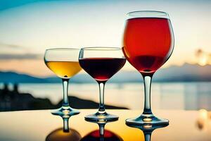 three glasses of wine on a table with a sunset in the background. AI-Generated photo