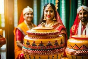 a couple in traditional indian attire are holding pots. AI-Generated photo