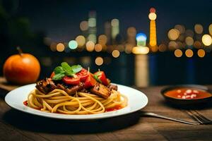 a plate of spaghetti with meat and tomato sauce on a wooden table in front of a cityscape. AI-Generated photo