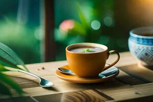 a cup of coffee and a spoon on a wooden table. AI-Generated photo