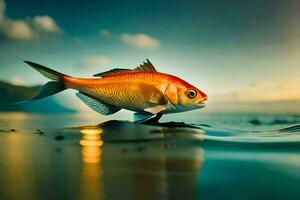 un pescado es en pie en el agua con un puesta de sol en el antecedentes. generado por ai foto