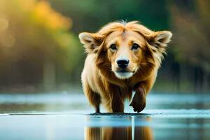 a lion walking through water on a wet road. AI-Generated photo