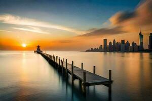 un muelle en el medio de el Oceano con un ciudad horizonte en el antecedentes. generado por ai foto