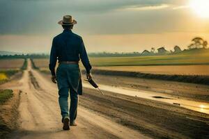 un hombre en un sombrero camina abajo un suciedad la carretera. generado por ai foto