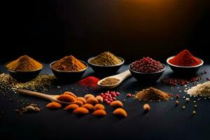 various spices and spices in bowls on a black background. AI-Generated photo