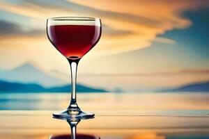 a glass of red wine on a table in front of a lake. AI-Generated photo