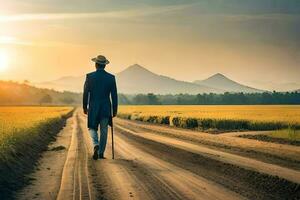a man in a hat and suit walking down a dirt road. AI-Generated photo