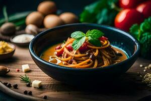 a bowl of pasta with vegetables and spices. AI-Generated photo