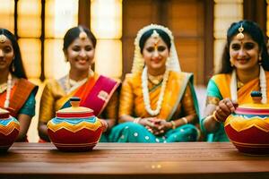 Tres mujer en tradicional saris sentado alrededor un mesa con ollas. generado por ai foto