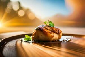 a piece of scallop on a wooden plate. AI-Generated photo