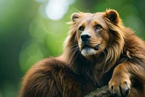 a lion is sitting on a tree branch. AI-Generated photo