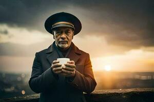 un antiguo hombre en un sombrero participación un taza. generado por ai foto