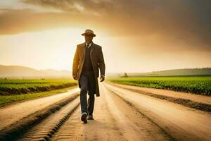 a man in a suit and hat walks down a dirt road. AI-Generated photo