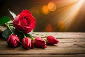 red roses on a wooden table with sunlight. AI-Generated photo