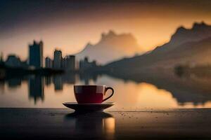 a cup of coffee sits on a table in front of a lake. AI-Generated photo