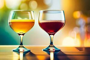 two glasses of wine on a table with blurred background. AI-Generated photo