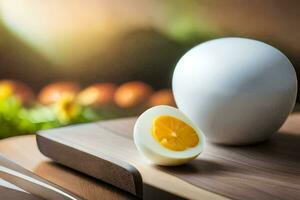 a white egg on a cutting board with a knife. AI-Generated photo